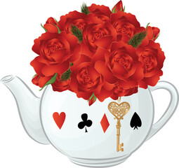 Tea pot with roses and golden key. Wonderland collection