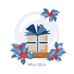 Christmas greeting card with snowball, present box and holly branches