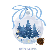 Christmas greeting card with glass ball, winter forest and pine cone