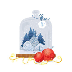 Christmas greeting card with glass bell jar, winter forest and decorations