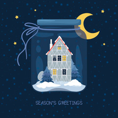 Christmas greeting card with glass jar, old house, moon and garland