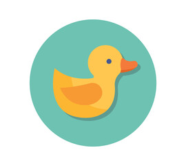 Baby goods icon. Round sticker with yellow rubber duck for bathing in bathroom. Toy for children. Design element for social networks. Cartoon flat vector illustration isolated on white background