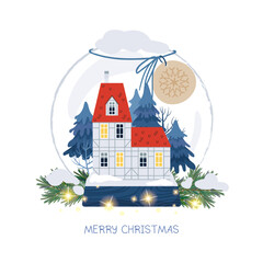 Christmas greeting card with snowball, old house, moon and garland