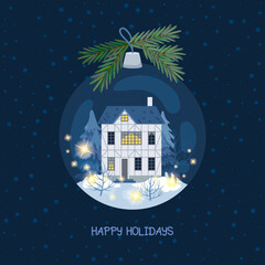 Christmas greeting card with glass ball, old house and garland