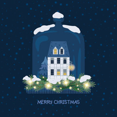 Christmas greeting card with glass bell jar, old house and garland