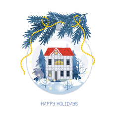 Christmas greeting card with glass ball, old house and garland