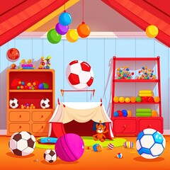 Children room interior with white furniture sports balls tent and colorful toys horizontal flat
