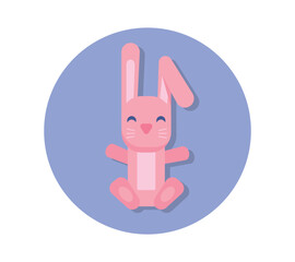 Baby goods icon. Bright round sticker with pink plush hare or rabbit. Toy for children. Design element for apps and online stores. Cartoon flat vector illustration isolated on white background