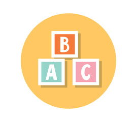 Baby goods icon. Sticker with educational toy for children. Wooden cubes with letters for studying alphabet. Design element for website. Cartoon flat vector illustration isolated on white background