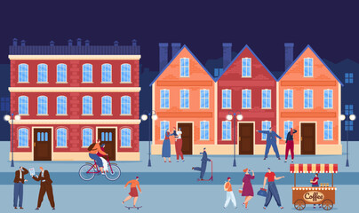 City downtown urban building in evening vector illustration. Flat people character walk at town street, family drink coffee at cityscape.