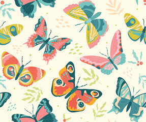 Butterflies seamless pattern. Repeating design element for printing on fabric. Colorful insects, fauna, flora and nature. Aesthetics and elegance. Spring symbol. Cartoon flat vector illustration