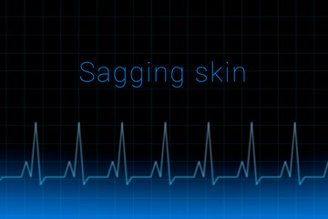 Sagging skin disease. Sagging skin logo on a dark background. Heartbeat line as a symbol of human disease. Concept Medication for disease Sagging skin.