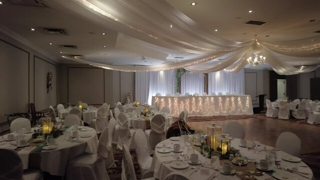 Wedding Reception Inside Hotel Ballroom White Table Settings And Lights Beautiful R-L