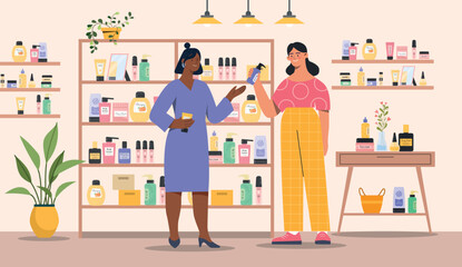 Cosmetic store concept. Woman in supermarket with cosmetics. Buyer and seller, advertising poster or banner for website. Health and skin care, routine and hygiene. Cartoon flat vector illustration