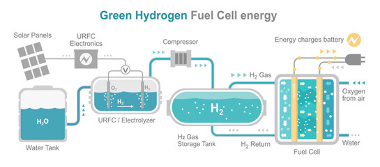 Green hydrogen energy fuel cell diagram layout system h2 to electric power vector