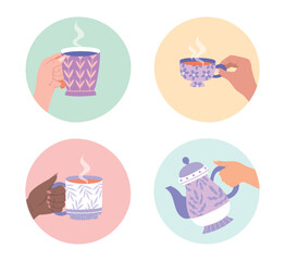 Hands holding cups set. Collection of graphic elements for website. Characters with hot drinks, comfort and coziness. Beverage liquid. Cartoon flat vector illustrations isolated on white background