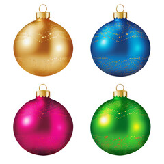 set of christmas ornaments, gold, blue, pink, green baubles