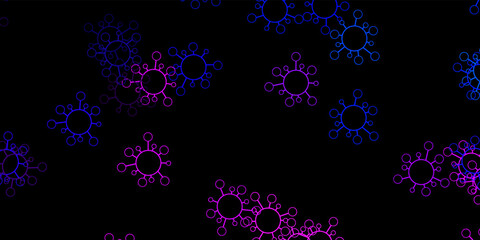 Dark pink, blue vector pattern with coronavirus elements.