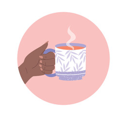 Hand holding cup. Character with white mug of hot tea or coffee. Comfort and coziness, beverage and tasty liquid. Graphic element for website. Cafe or restaurant. Cartoon flat vector illustration