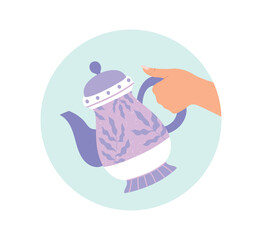 Hand holding teapot. Advertising, graphic element for coffee shop or restaurant website. Hot drinks and coffee or tea. Household crockery and kitchen utensils. Cartoon flat vector illustration