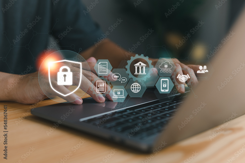 Poster Cybersecurity concept With global network security technology, business people protect personal information. Encryption with a padlock icon on the virtual interface.