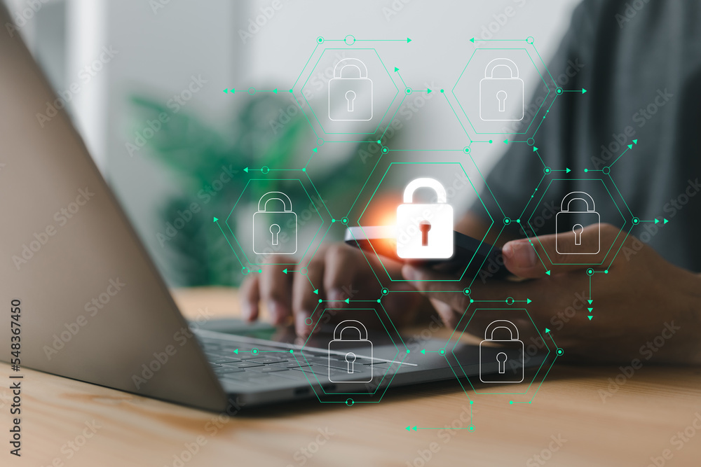 Poster Cybersecurity concept, padlock icon, and internet technology network: secure internet access. secure encryption of users personal data