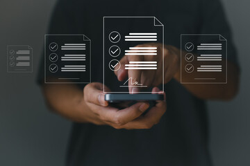 Concept of an electronic signature: business personnel sign digital documents electronically; paperless offices; future contract signing.