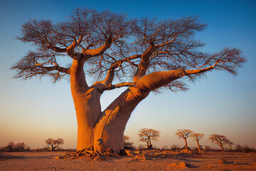 African baobab in the savannah at sunrise - obrazy, fototapety, plakaty