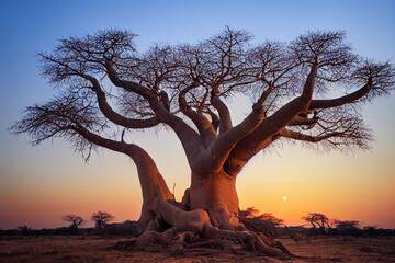 African baobab in the savannah at sunrise - obrazy, fototapety, plakaty