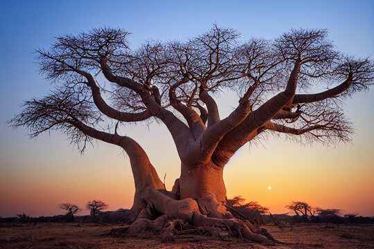 African baobab in the savannah at sunrise