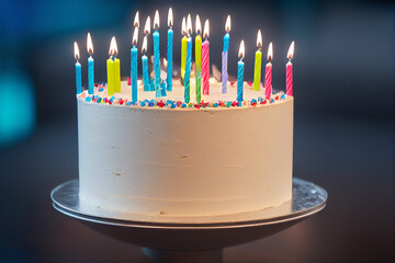 white birthday cake with colorful candles on a metal plate