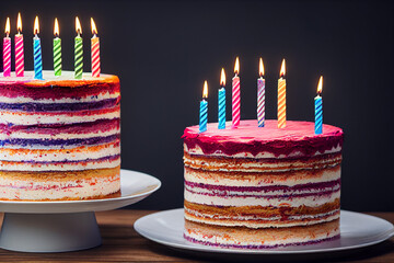 two colorful multi-layered birthday cakes with candles on white plates