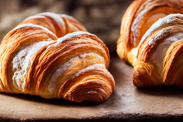 two croissants are lying on a wooden table