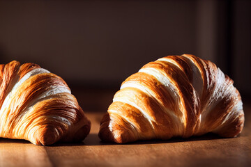 two croissants are lying on a wooden table