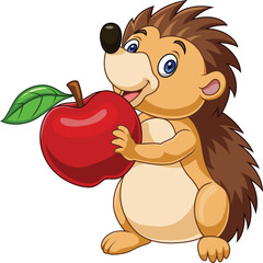 Cartoon baby hedgehog holding red apple © tigatelu