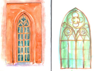  Watercolor sketch of gothic windows in church, stained glass window in church