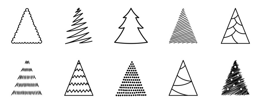 Conjunto de arboles de navidad de diferentes diseños. Concepto de navidad y decoración. Pinos decorativos navideños. ilustraciones vectoriales