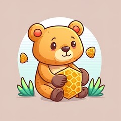 Cute Bear Holding Honeycomb Cartoon 2D Illustrated Icon Illustration. Animal Nature Icon Concept Isolated
