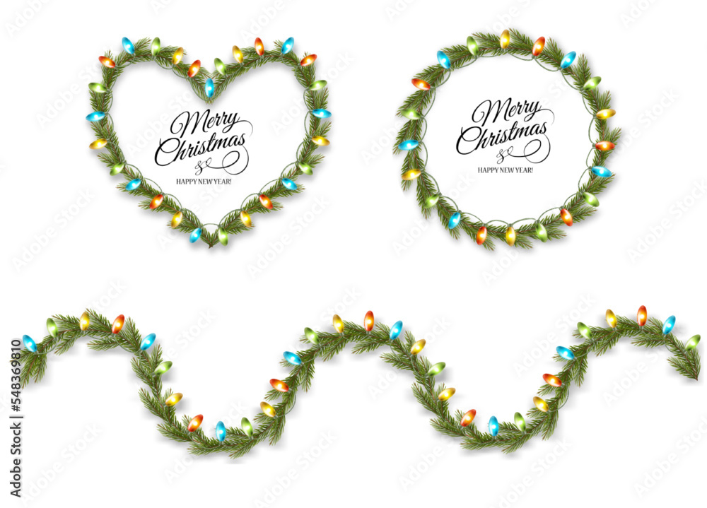 Poster christmas tree branches and garland with colorful light bulbs the shape of a heart, a ring and a wav