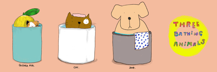 Guinea Pig,Cat,Dog, Animals Taking Bath and relaxing Water color illustration Pink color background