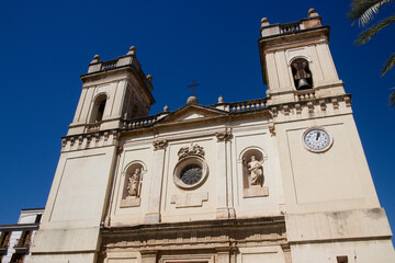 Facade of the Sant Pere Apostol Parish in the city of Benifaió in the province of Valencia (Spain)