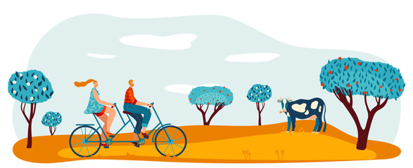 Bike ride at garden park, vector illustration, man woman couple character at tandem bicycle outdoor farm walk, healthy lifestyle at outdoor field.