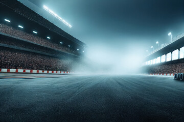 Race Track Arena with Spotlights. Empty Racing track with grandstands, shooting in the middle of the racing track and starting point. 3d render	 - obrazy, fototapety, plakaty