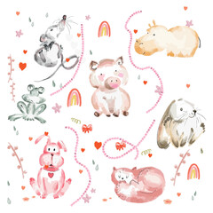 watercolor cute animals.vector isolated image on a white background. toys for children. mouse, hippo, frog, cat, dog, pig, rabbit