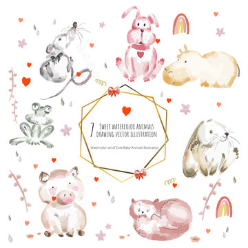 watercolor cute animals.vector isolated image on a white background. toys for children. mouse, hippo, frog, cat, dog, pig, rabbit