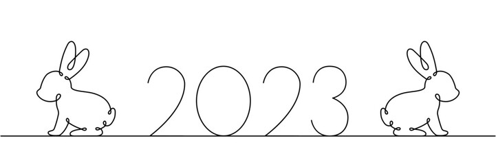 Rabbits with New Year 2023 one line drawing. Year of the Rabbit. Hare continuous one line illustration. 2023 Chinese Lunar Year. Vector illustration.