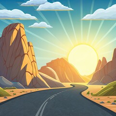 Fototapeta na wymiar The Empty Country Road And The Sun Is Cartoon Styleting The Sky. Rock Mountains Flanked On Either Side, Cartoon Style Illustration