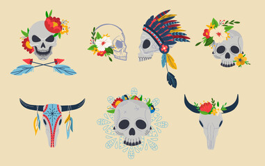 Fototapeta premium Skull with flower decoration, vector illustration, mexican death symbol, isolated on white skeleton set with war bonnet, dead head with floral crown.