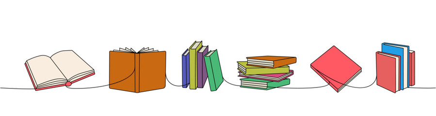 Open and closed books one line colored continuous drawing. Bookstore, library continuous one line colorful illustration. Vector linear illustration.