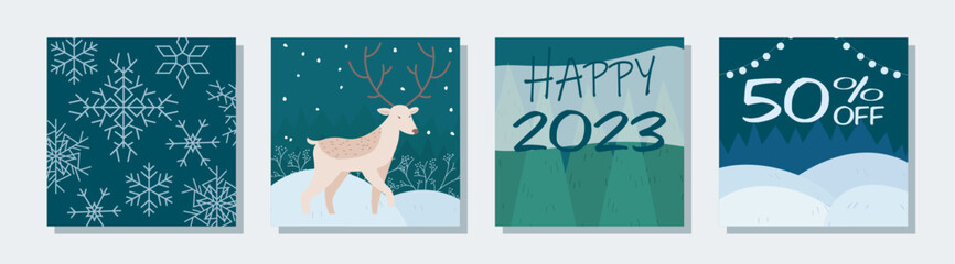 Fototapeta premium Thematic image of winter discounts. Christmas and New Year sale and low prices 50% off. Set of vector elements: christmas tree, snow, gifts, santa, santa claus, toys, decorations